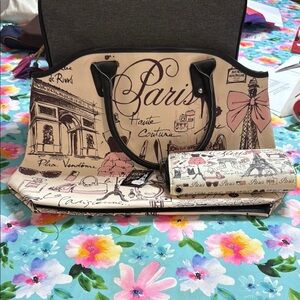 Paris Print Women's Bag and Wallet Set